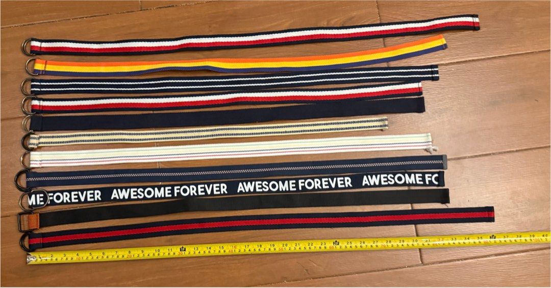 Assorted Fabric Belts with D-Ring Buckles (Category: Babies & Kids Fashion) located in Bulacan. Submitted by emjay_17 (Listing ID 1463375842, Image 1). Description: - Bundle of fabric belts ₱20 each - Assorted colors and patterns (striped, solid) - Some belts feature 'Awesome Forever' print - All have D-ring buckles - Ideal for casual wear and adding color to outfits - Sold as a lot.