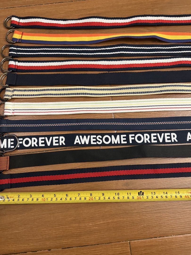 Assorted Fabric Belts with D-Ring Buckles (Category: Babies & Kids Fashion) located in Bulacan. Submitted by emjay_17 (Listing ID 1463375842, Image 3). Description: - Bundle of fabric belts ₱20 each - Assorted colors and patterns (striped, solid) - Some belts feature 'Awesome Forever' print - All have D-ring buckles - Ideal for casual wear and adding color to outfits - Sold as a lot.