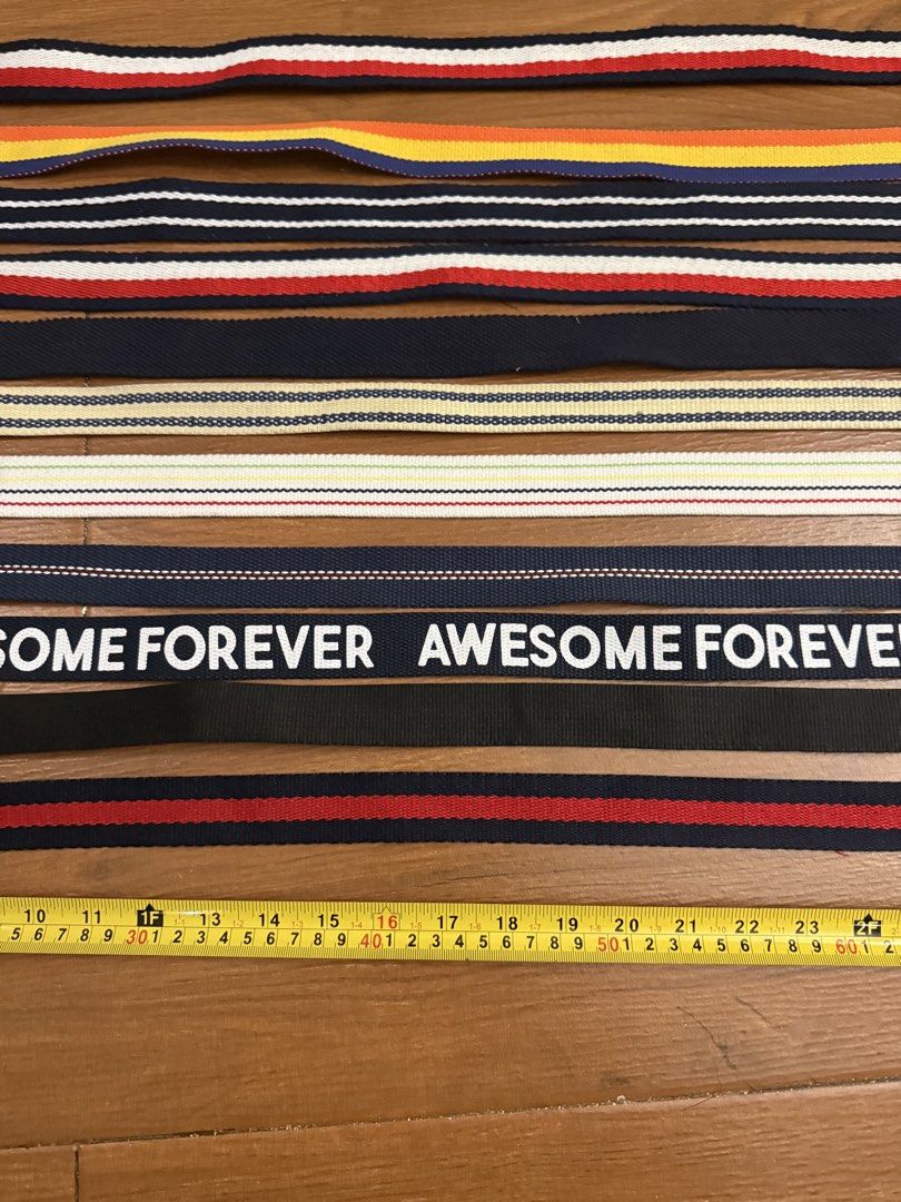 Assorted Fabric Belts with D-Ring Buckles (Category: Babies & Kids Fashion) located in Bulacan. Submitted by emjay_17 (Listing ID 1463375842, Image 2). Description: - Bundle of fabric belts ₱20 each - Assorted colors and patterns (striped, solid) - Some belts feature 'Awesome Forever' print - All have D-ring buckles - Ideal for casual wear and adding color to outfits - Sold as a lot.