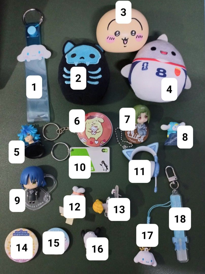 assorted keychain, figures, charms, anik anik, and plush (Category: Character Goods) located in Quezon City. Submitted by lecheflan735676 (Listing ID 1463418334, Image 2). Description: PRICES: 14, 15, 16 - 30 1, 5, 6, 7, 17, 18 - 50 2, 3, 4, 8, 10, 12, 13 - 70 9, 11 - 100 Items are as is, same as show in pic usagi missing ears, pompompurin and pochaco are bootleg, and the original chain for the blue ribbon keychain is missing FIXED PRICE. Shippin