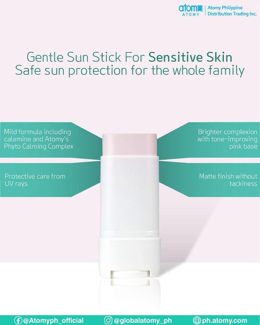 Atomy sun screen (Category: Face Care) located in Manila. Submitted by mymode2026 (Listing ID 1463372786, Image 2). Description: Meet the Atomy Derma Calming Sun Stick (SPF50+ PA++++)—your hassle-free, on-the-go defense against harmful UV rays. It offers maximum protection while keeping delicate skin comfortable all day long. #AtomyPH #atomydermacalmingsunstick #sunscreen.