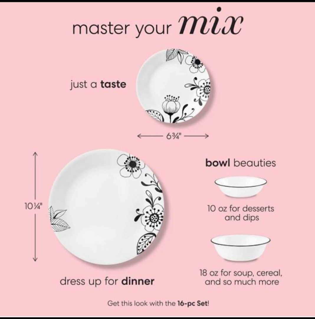Authentic Corelle 16-pc Inked Poppy Dinnerware. Made in USA (Category: Dinnerware & Cutlery) located in Paranaque City. Submitted by sarisariph8 (Listing ID 1463545907, Image 3). Description: POPPY DESIGN CORELLE ￼ Bohemian and dramatic, this black and white pattern is a bold statement for your table. Inked Poppy is very modern, but with a hint of floral tradition, it’s at home anywhere. Pair it with colorful serving pieces to emphasize the drama