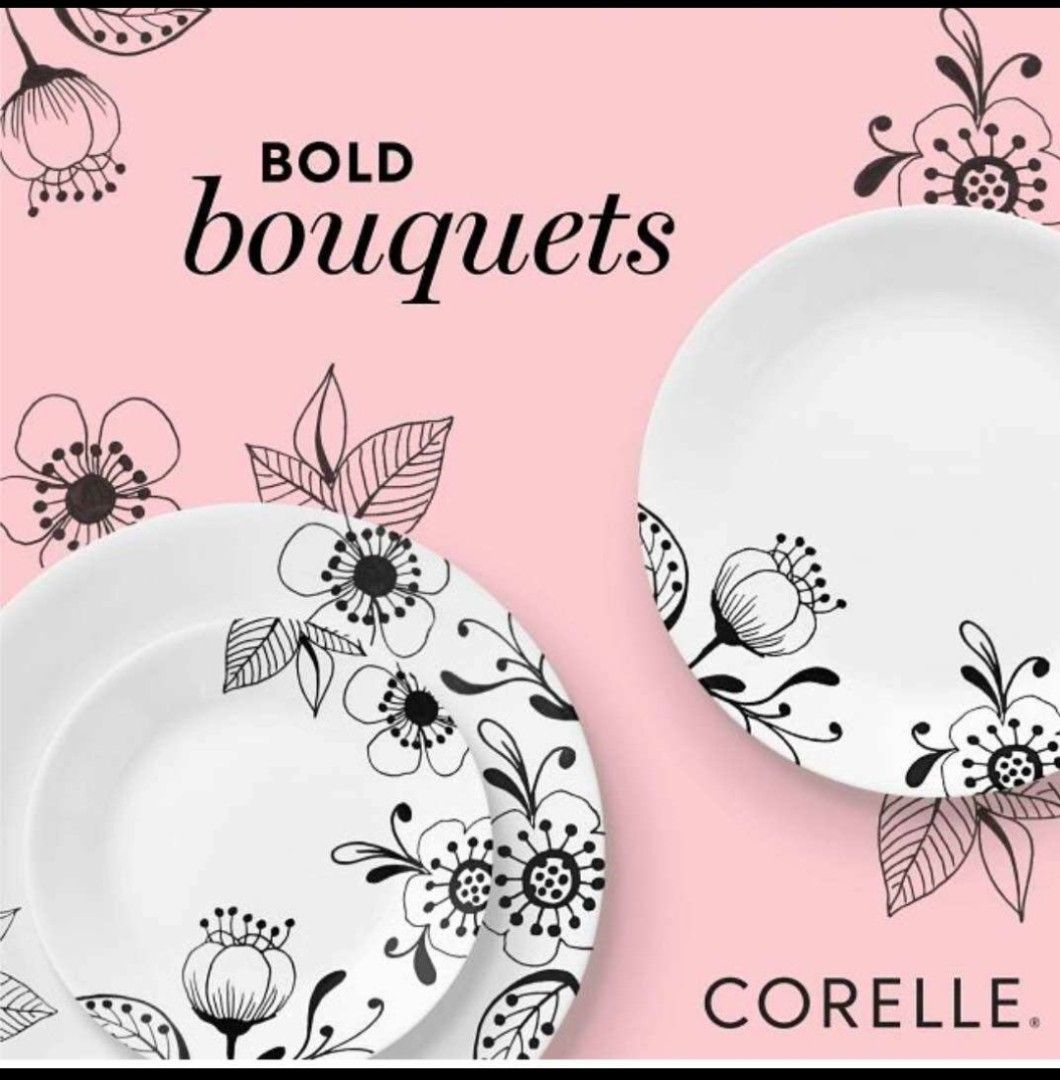 Authentic Corelle 16-pc Inked Poppy Dinnerware. Made in USA (Category: Dinnerware & Cutlery) located in Paranaque City. Submitted by sarisariph8 (Listing ID 1463545907, Image 2). Description: POPPY DESIGN CORELLE ￼ Bohemian and dramatic, this black and white pattern is a bold statement for your table. Inked Poppy is very modern, but with a hint of floral tradition, it’s at home anywhere. Pair it with colorful serving pieces to emphasize the drama