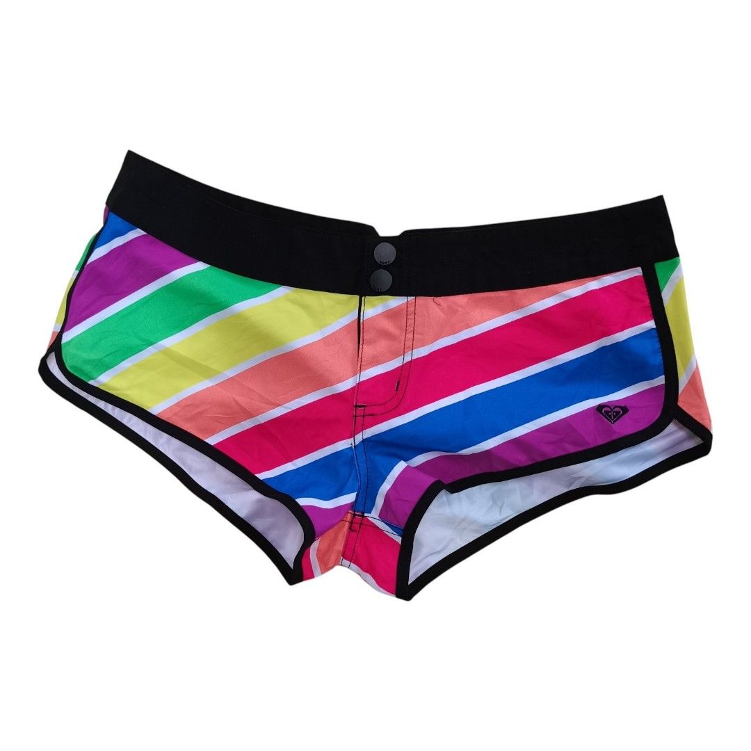 Authentic Roxy Rainbow Striped Boardshorts Swim Shorts (Category: Shorts) located in Santa Cruz. Submitted by oddpenguin-4575 (Listing ID 1463499141, Image 1). Description: 📌measurement:Laid flat Waist-16"/Rise-8"/Leg opening-12"/Hips-18.5" 📌size:AU 10 / US 6 (Fits like a local Women's Medium) 📌Brand:Roxy 📌color-10/10 📌-vibrant pair of Roxy boardshorts perfect for beach days, surfing, swimming, or casual summer wear. Features a striking colo