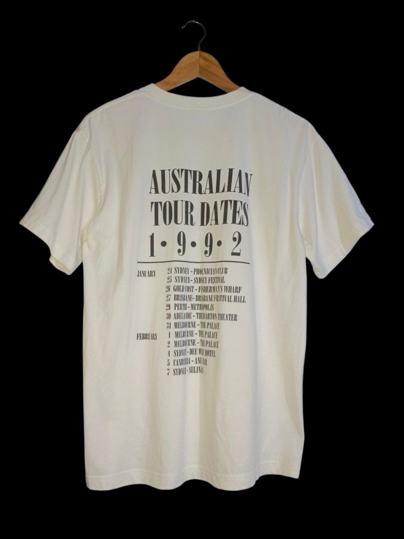 Nirvana Mastermind 1992 Australia Tour Dates (Category: Activewear) located in Caloocan City. Submitted by thriftnijomz (Listing ID 1463476847, Image 2). Description: "Nirvana Nevermind Australian 1992 Tour Dates tee" remove tag no side sweam 20x28 on dimes need rewash only.