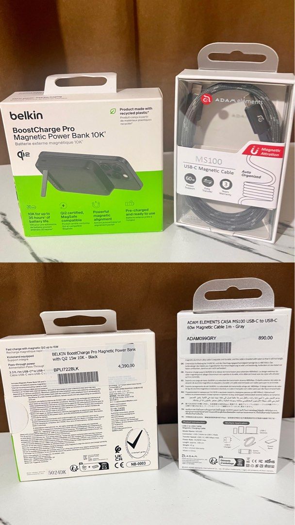 Belkin BoostCharge Pro Magnetic Power Bank 10K & Adam Elements Cable (Category: Batteries & Power Banks) located in Pasig City. Submitted by euan_29 (Listing ID 1463390304, Image 1). Description: - Brand New Belkin BoostCharge Pro Magnetic Power Bank 10K - Qi2 Certified & MagSafe Compatible - Fast Charging up to 15W - Includes Adam Elements MS100 USB-C to USB-C Magnetic Cable - Cable supports 60W Power Delivery and Data Transfer - Both items are 
