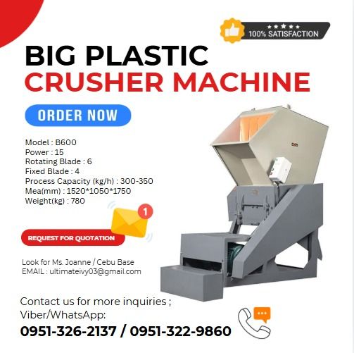 BIG PLASTIC CRUSHER MACHINE Model B600 (Category: Home Improvement Tools & Accessories) located in Caloocan City. Submitted by jayvanntag48794 (Listing ID 1463415069, Image 1). Description: Model : B600 Power : 15 Rotating Blade : 6 Fixed Blade : 4 Process Capacity (kg/h) : 300-350 Mea(mm) : 1520*1050*1750 Weight(kg) : 780 Its main function is to crush all kinds of hard and soft plastics, grind block, round or strip-shaped, and outlet plastic int