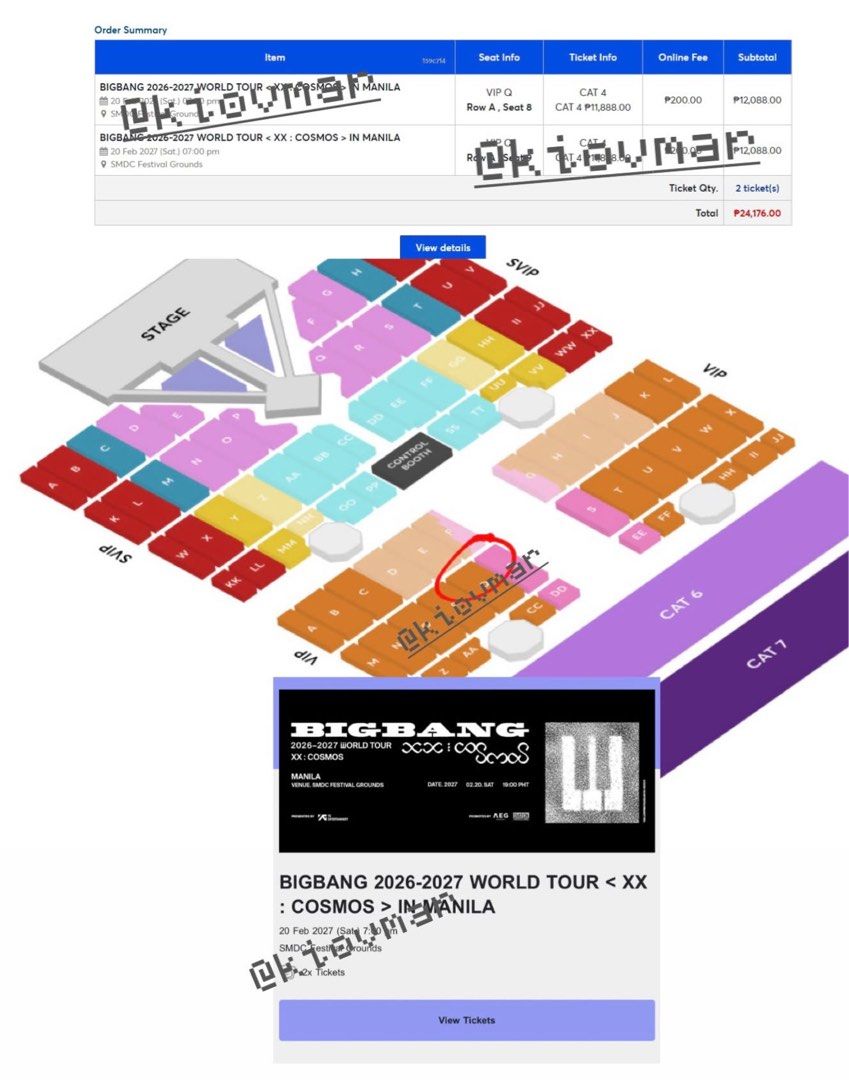 BIGBANG XX:COSMOS (Category: Events Tickets) located in Pasay City. Submitted by lollychan (Listing ID 1463412953, Image 1). Description: - 2 pcs CAT 4 Tickets BIGBANG’s World Tour in Manila - Reg price minus online fees - Seat Category: CAT 4 - Section: VIP Q - Row: A, Seats: 8 & 9 - RFS: Upgraded tickets.