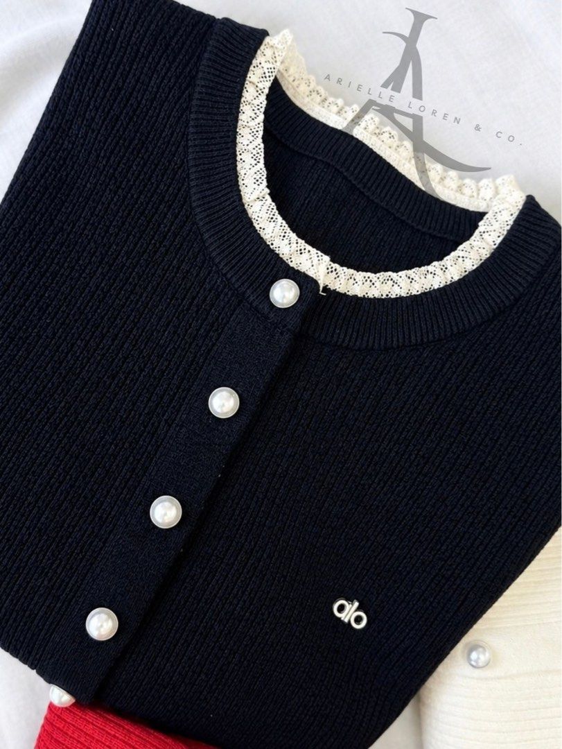 BLACK - ROUND NECK KNITTED CARDIGAN (Category: Coats, Jackets and Outerwear) located in Manila. Submitted by ariellelorenco (Listing ID 1463349392, Image 3). Description: 👉🏻Knitted cardigan 👉🏻Stretchable fabric 👉🏻Smooth and soft fabric (non itchy) 👉🏻Can fit up to XL (or more than) 👉🏻Pearl-like buttons (all working buttons) 👉🏻Round neckline with lace details 👉🏻22 in length 👉🏻Bust size up to 40 in max 👉🏻With stitched in metal logo
