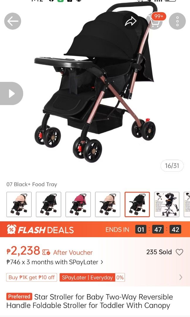 Black Baby Stroller with Tray and Cup Holder (Category: Strollers) located in Manila. Submitted by tiffanyonhand (Listing ID 1463346231, Image 2). Description: - Stylish black baby stroller - Chic rose gold frame - Convenient tray with cup holder - Secure 5-point harness for child's safety - In good, pre-loved condition - Ideal for daily walks and outings - Ready for a new loving home.