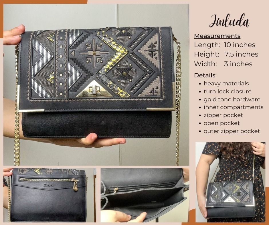 Black Geometric designs (Code: B241) (Category: Cross-body Bags) located in Mandaluyong City. Submitted by thriftandiapreloved (Listing ID 1463435613, Image 1). Description: Items are used/preloved/ukay2x, in good or slightly used condition. Please check remarks in RED font color for the flaws observed. If none indicated, none observed po. Measurements are also indicated in the photo. Thank you!.