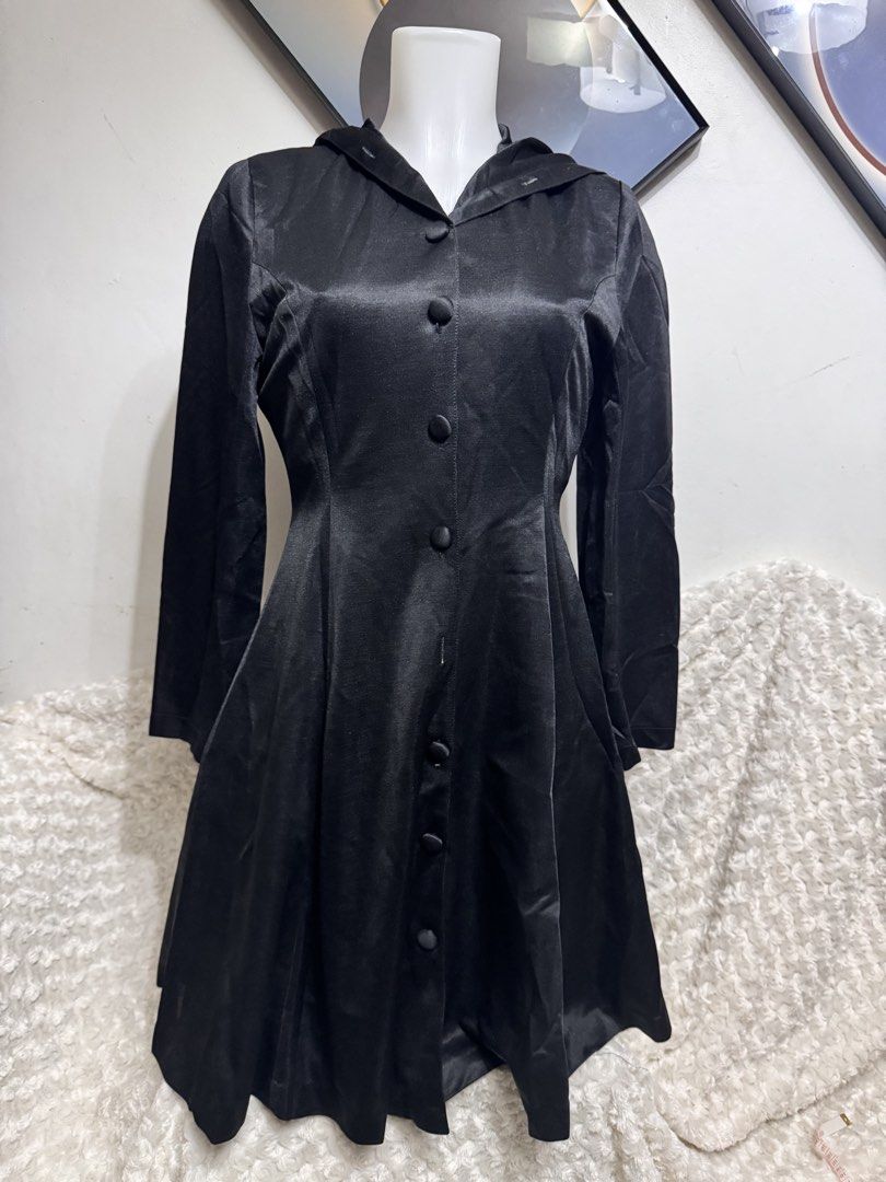 Black Satin Hooded Button-Up Dress (Category: Dresses) located in Marikina City. Submitted by lorradel (Listing ID 1463470252, Image 1). Description: - fits S-M - L: 36.5in - Elegant black satin dress with a built-in hood. - Full button-up front with matching black buttons. - Flattering fitted bodice that flares out into a skirt. - Long sleeves for a sophisticated silhouette. - Can be worn as a stylish coat dress. - Ideal for evening events or ma