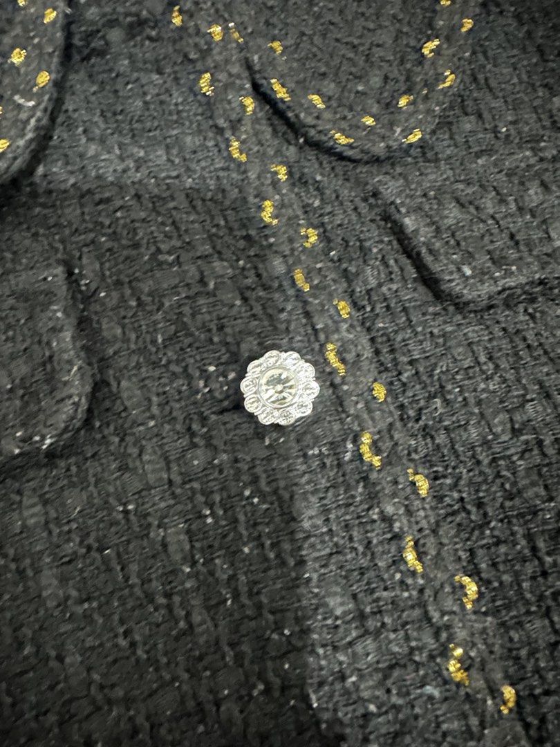 Black Tweed Jacket with Gold Trim and Embellished Button (Category: Coats, Jackets and Outerwear) located in Manila. Submitted by everythingsale101 (Listing ID 1463484439, Image 2). Description: - Black tweed jacket - Peter Pan collar with gold trim - Single sparkly button closure - Two chest flap pockets - Gold trim on cuffs and hem - Tag indicates size XXL -Other buttons are provided Fits up to XXL 44+ bust -Premium Tweed Blazers bundle availab