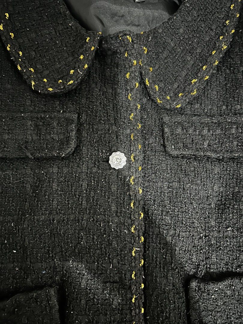 Black Tweed Jacket with Gold Trim and Embellished Button (Category: Coats, Jackets and Outerwear) located in Manila. Submitted by everythingsale101 (Listing ID 1463484439, Image 3). Description: - Black tweed jacket - Peter Pan collar with gold trim - Single sparkly button closure - Two chest flap pockets - Gold trim on cuffs and hem - Tag indicates size XXL -Other buttons are provided Fits up to XXL 44+ bust -Premium Tweed Blazers bundle availab