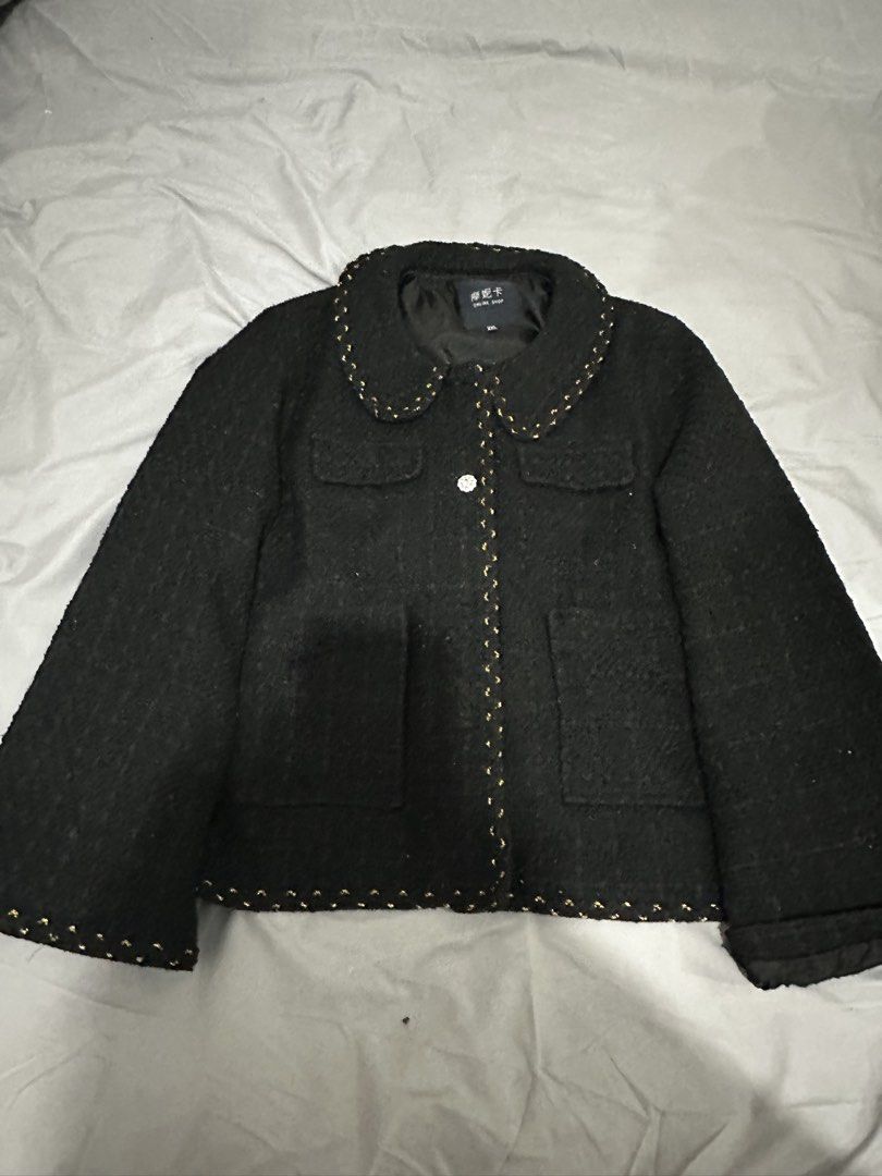 Black Tweed Jacket with Gold Trim and Embellished Button (Category: Coats, Jackets and Outerwear) located in Manila. Submitted by everythingsale101 (Listing ID 1463484439, Image 1). Description: - Black tweed jacket - Peter Pan collar with gold trim - Single sparkly button closure - Two chest flap pockets - Gold trim on cuffs and hem - Tag indicates size XXL -Other buttons are provided Fits up to XXL 44+ bust -Premium Tweed Blazers bundle availab