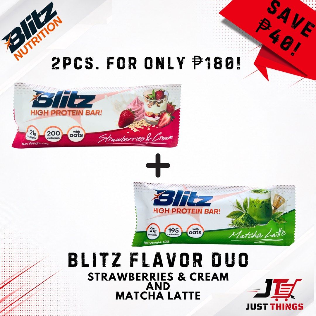 Blitz Flavor Duo - 2 Protein Bars | Matcha & Strawberry (Category: Sports & Fitness Nutrition) located in Bacolod City. Submitted by just_things (Listing ID 1463500100, Image 2). Description: BLITZ FLAVOR DUO Perfect for after workouts, busy days, or whenever you need a protein boost. Get 2 BLITZ Protein Bars for only ₱180! Choose your favorite duo: • Matcha Latte + Strawberries & Cream • 2× Matcha Latte • 2× Strawberries & Cream Each BLITZ Prote