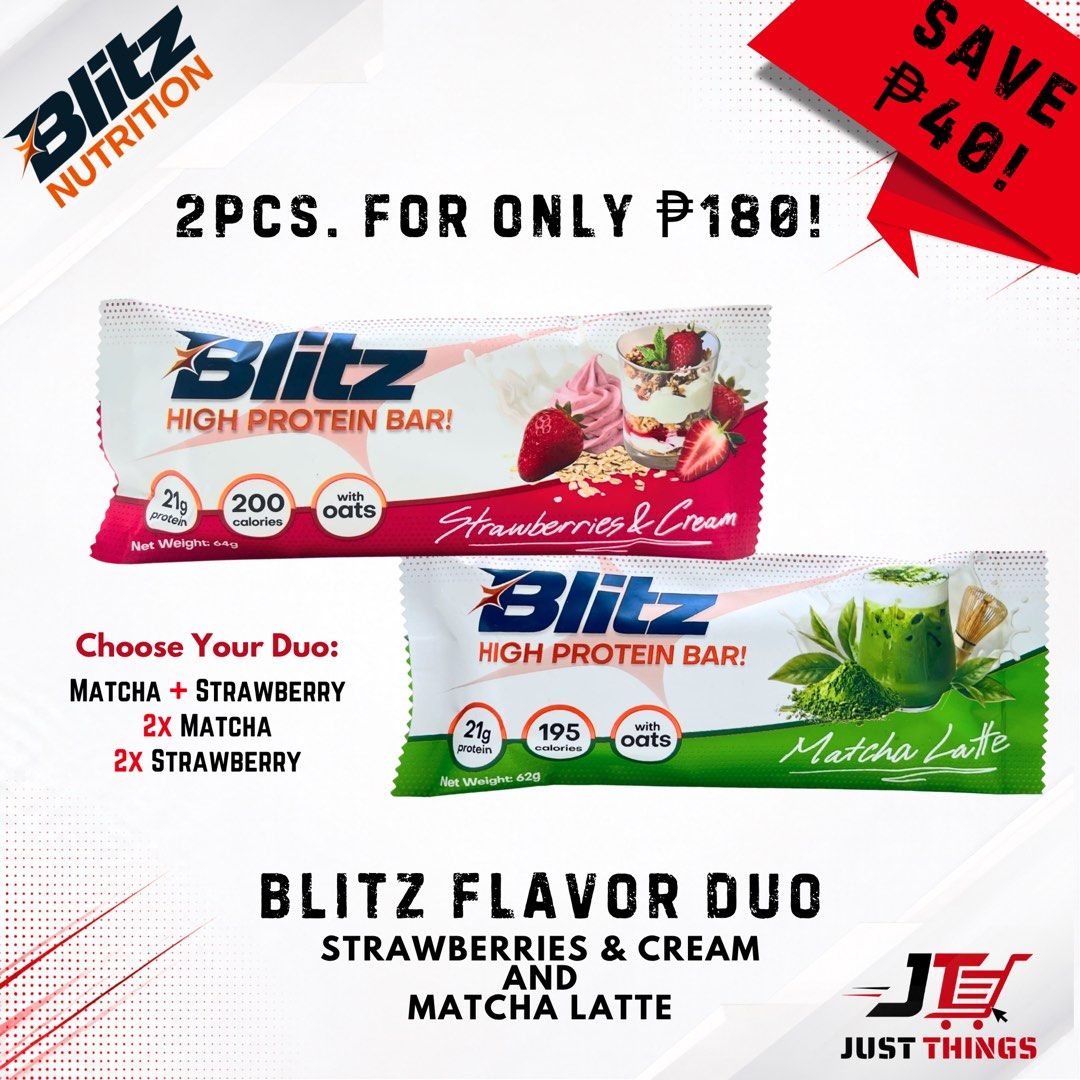 Blitz Flavor Duo - 2 Protein Bars | Matcha & Strawberry (Category: Sports & Fitness Nutrition) located in Bacolod City. Submitted by just_things (Listing ID 1463500100, Image 1). Description: BLITZ FLAVOR DUO Perfect for after workouts, busy days, or whenever you need a protein boost. Get 2 BLITZ Protein Bars for only ₱180! Choose your favorite duo: • Matcha Latte + Strawberries & Cream • 2× Matcha Latte • 2× Strawberries & Cream Each BLITZ Prote