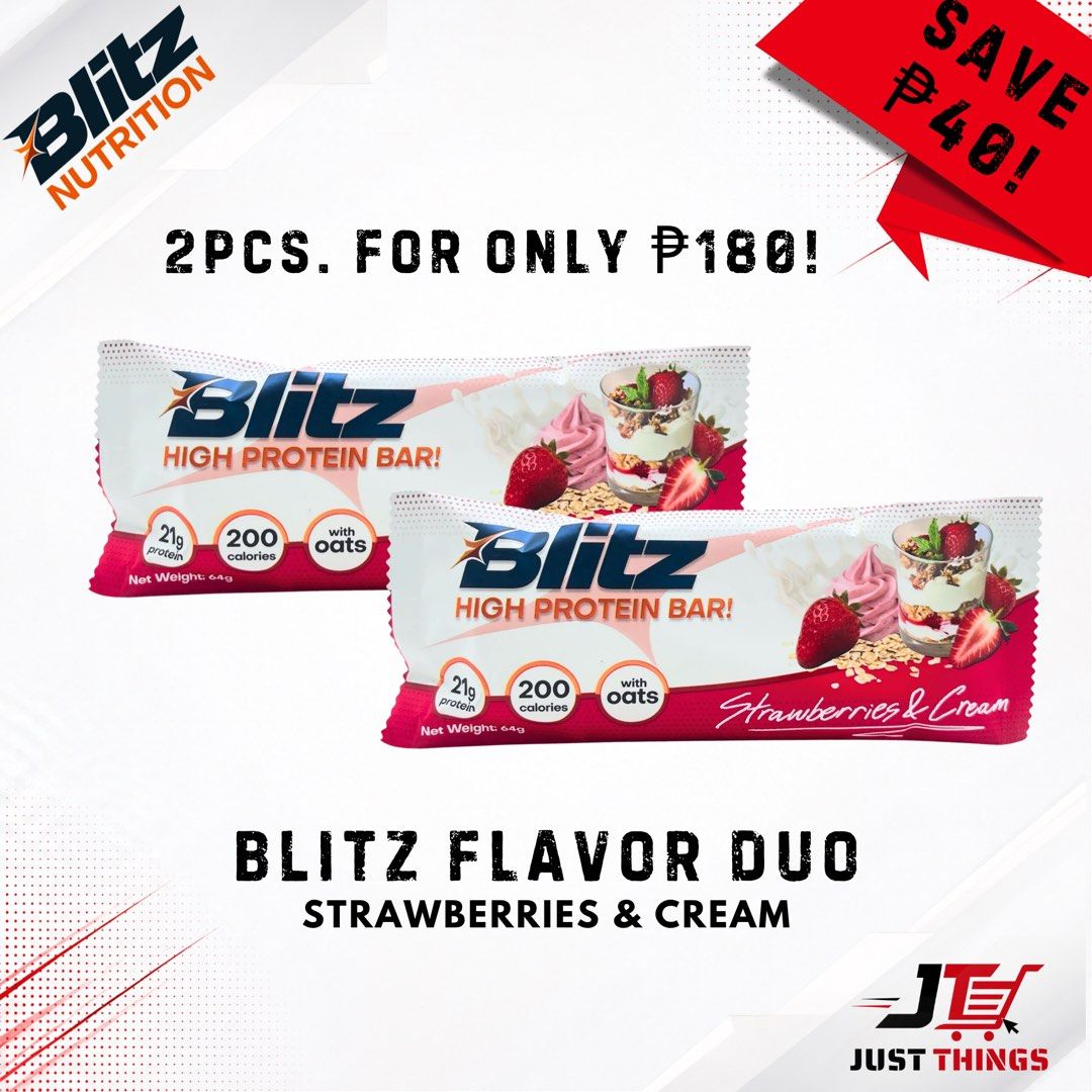 Blitz Flavor Duo - 2 Protein Bars | Matcha & Strawberry (Category: Sports & Fitness Nutrition) located in Bacolod City. Submitted by just_things (Listing ID 1463500100, Image 3). Description: BLITZ FLAVOR DUO Perfect for after workouts, busy days, or whenever you need a protein boost. Get 2 BLITZ Protein Bars for only ₱180! Choose your favorite duo: • Matcha Latte + Strawberries & Cream • 2× Matcha Latte • 2× Strawberries & Cream Each BLITZ Prote
