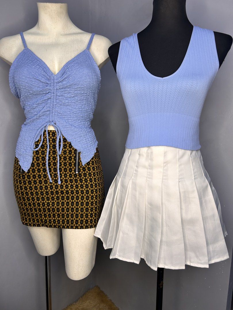 Blue Ruched Tank & Blue Fitted top (Category: Sleeveless) located in Quezon City. Submitted by chelles.collezione (Listing ID 1463403396, Image 1). Description: 1. Blue Rutched top -brand : Primark Medium on tag 2. Blue Fitted Top brand : Stradivarius Medium on tag ₱150 each get both for ₱280.
