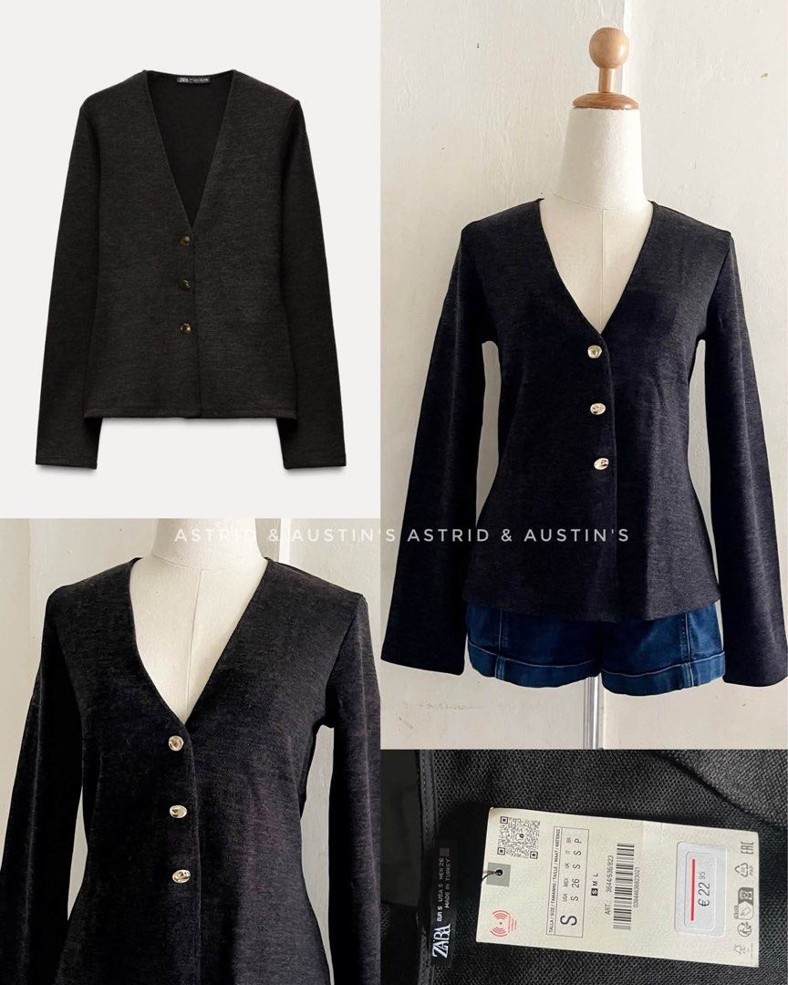 BNWT ZARA button cardigan (Category: Longsleeves) located in Dasmarinas. Submitted by allisongrey1323 (Listing ID 1463552905, Image 1). Description: BNWT ZARA button cardigan Small on tag price: 1,200.