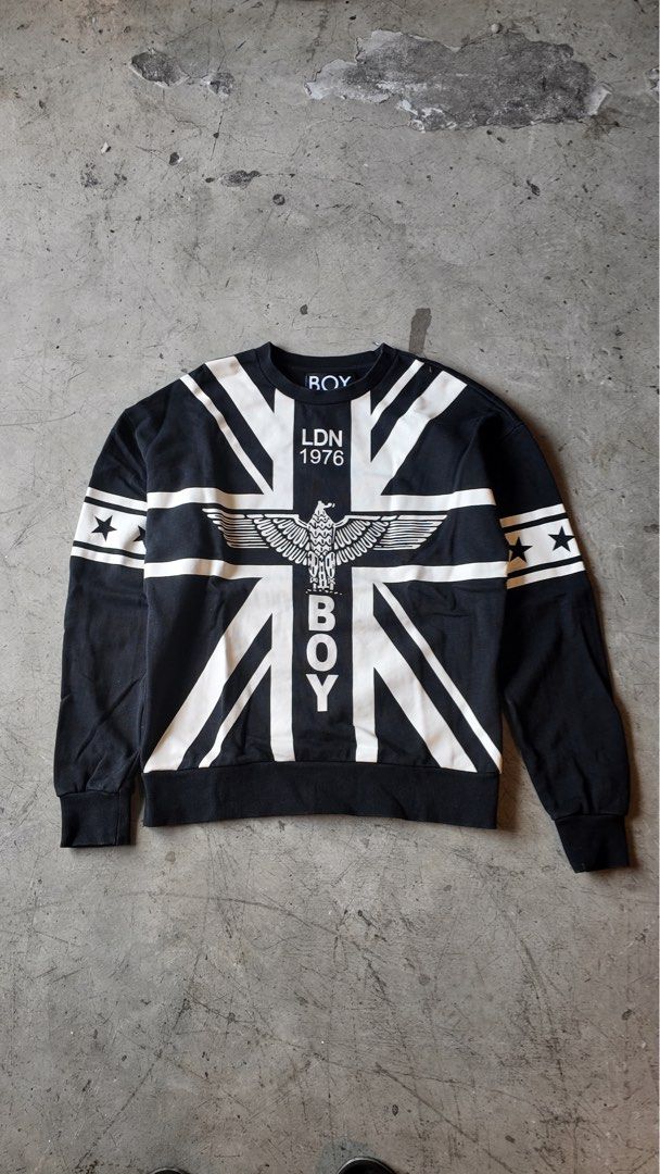 BOY London Union Jack Eagle Sweatshirt (Category: Coats, Jackets and Outerwear) located in Samal. Submitted by jorts26 (Listing ID 1463368312, Image 1). Description: Boy London Sweater Dimes:21x26 Flaws:None Price:₱700 Condition:Excellent Location:Bataan Shipping:J&T or LBC Negotiable .