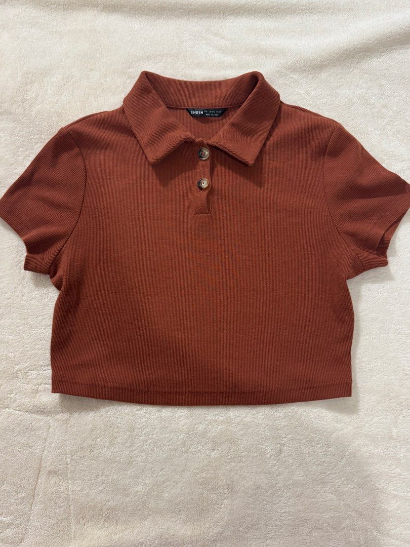 Brown crop top with collar from Shein (Category: Others Tops) located in Bagac. Submitted by danicruz_ (Listing ID 1463470993, Image 3). Description: - Brown Crop top with collar from SHEIN - Size small to medium - Slightly used .