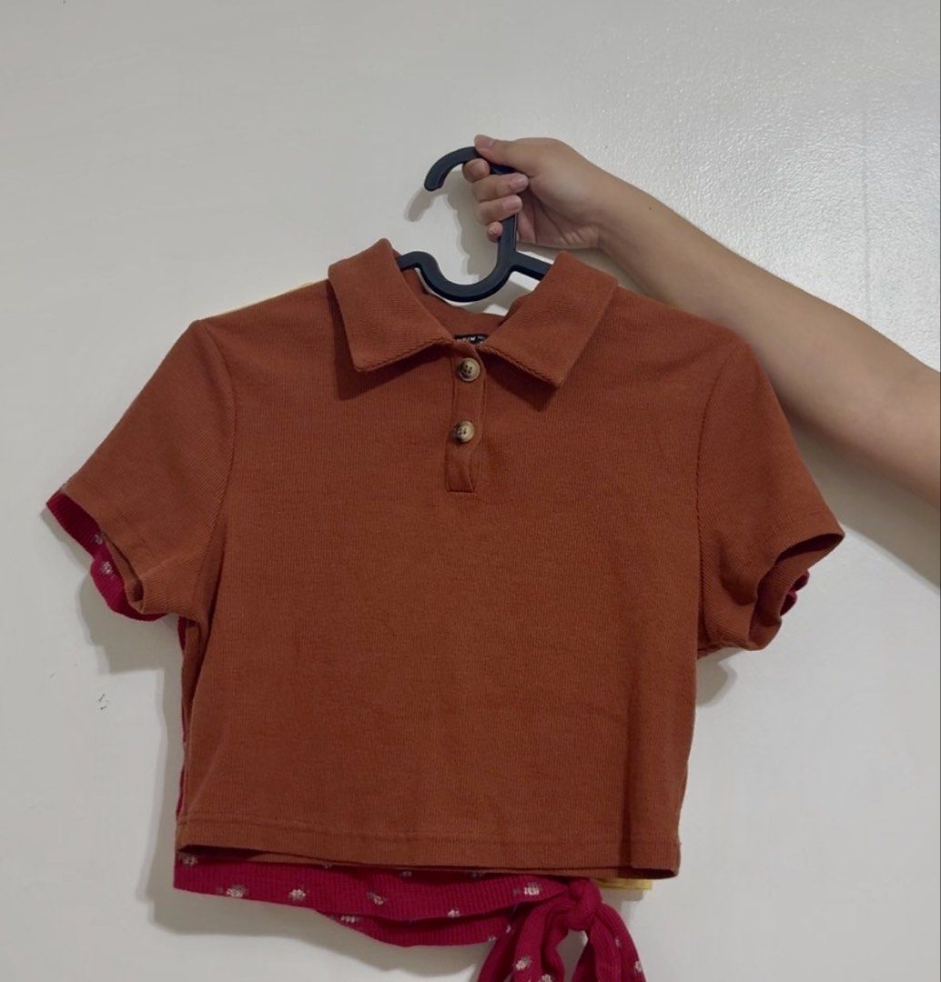 Brown crop top with collar from Shein (Category: Others Tops) located in Bagac. Submitted by danicruz_ (Listing ID 1463470993, Image 1). Description: - Brown Crop top with collar from SHEIN - Size small to medium - Slightly used .