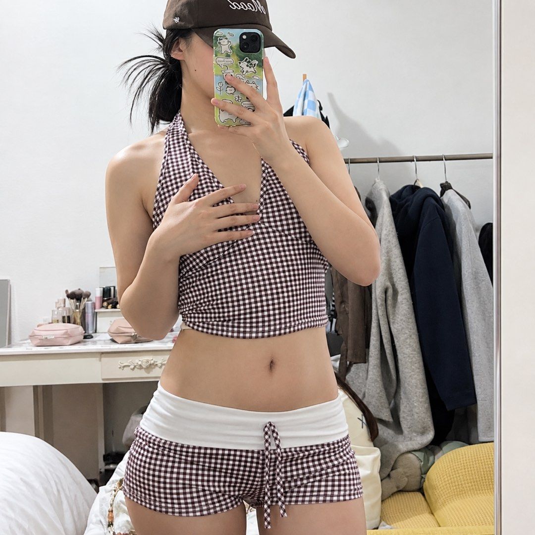 Brown Gingham Halter Top & Shorts Co-ord Set (Category: Bikinis & Swimsuits) located in Subic. Submitted by cyrelll (Listing ID 1463402055, Image 2). Description: SIZE: S.