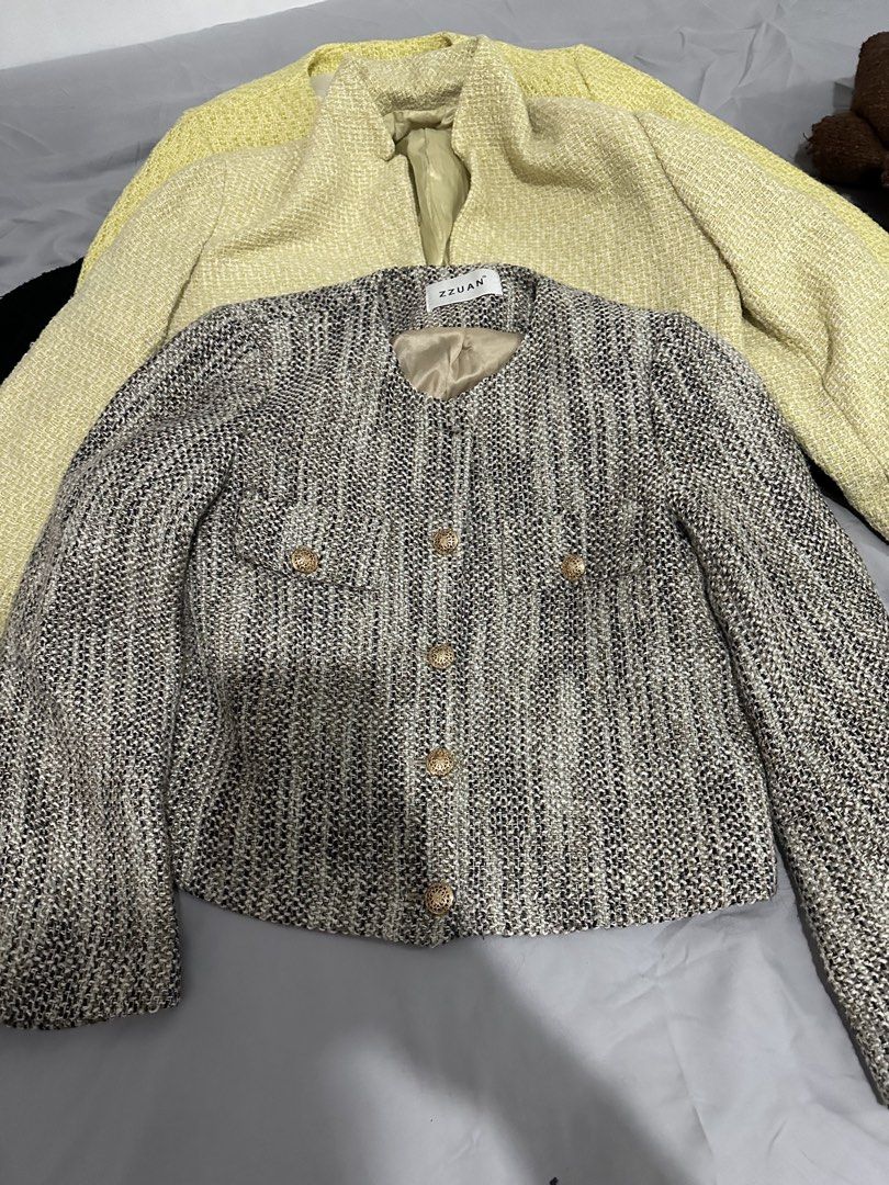 Brown Tweed Jacket with Gold Buttons (Category: Coats, Jackets and Outerwear) located in Manila. Submitted by everythingsale101 (Listing ID 1463481542, Image 1). Description: - Classic tweed jacket - Features ornate gold buttons - Textured weave in black, white, and gold threads - Flattering cut for a sophisticated look - Versatile: dress up or down - Perfect for layering 1 button missing hence selling low (upper part - willing to provide free re