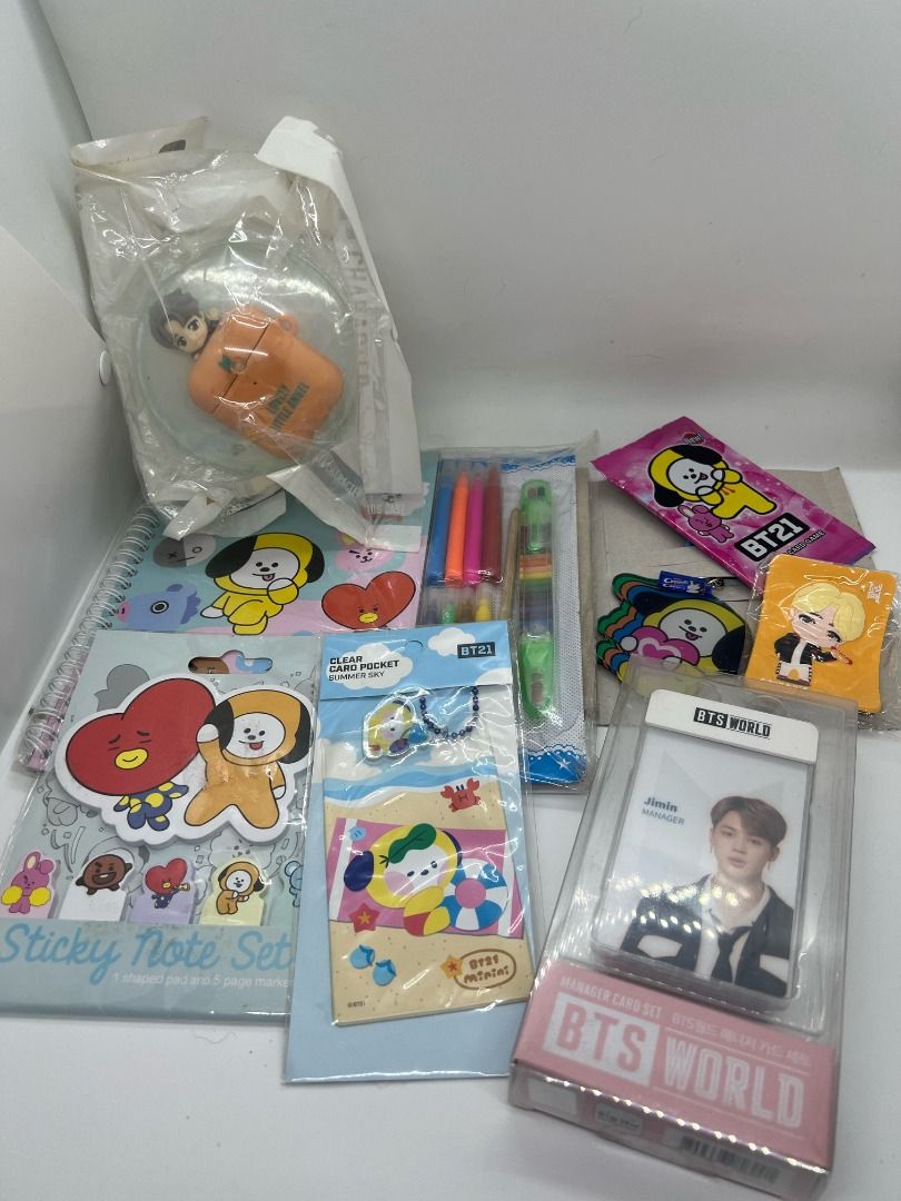BT21 Stationery Bundle - Sticky Notes, Card Pocket, Pen (TAKE ALL) (Category: Stationery & School Supplies) located in Iligan City. Submitted by arlykook (Listing ID 1463361195, Image 1). Description: - Bundle of BT21 stationery items - Includes CHIMMY sticky note set - Features a CHIMMY clear card pocket - Comes with a pen with colorful ink - Includes some small markers - Bonus: Jimin manager card set from BTS World - Ideal for any BTS ARMY!.
