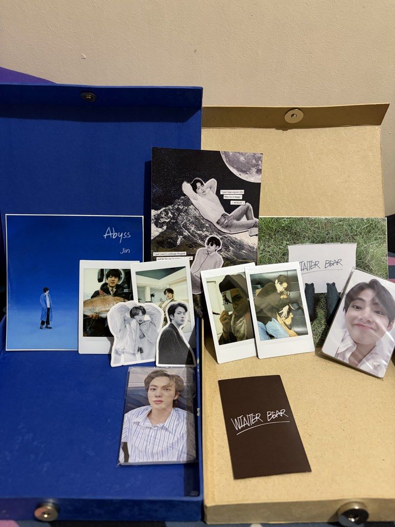 BTS Jin Abyss Photocard Set & Winter Bear Merch (Category: K-Wave Merchandise) located in Manila. Submitted by ahnamaesan06047 (Listing ID 1463396286, Image 1). Description: - BTS Jin Solo Collection - Includes 'Abyss' photobook/album - Various Jin photocards - 'Winter Bear' themed postcard - 'Winter Bear' small card - All items are from Jin's solo work - Great for any ARMY fan.