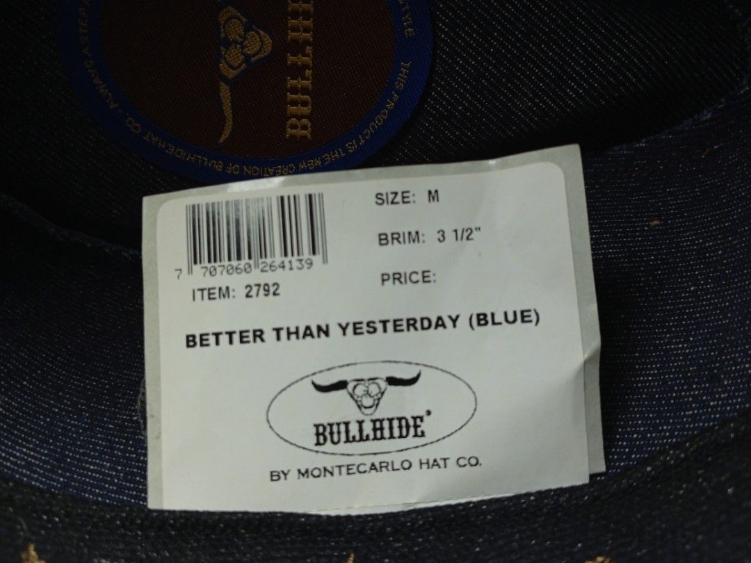 Bullhide Denim Western Hat (Category: Hats & Beanies) located in Quezon City. Submitted by jiro_uchiha (Listing ID 1463417484, Image 2). Description: Authentic Denim Bullhide "Better than Yesterday" hat Size M, 3 1½ Brim Pick up, meet up, shipping available Quezon City loc Salamats! 🙏🏿.