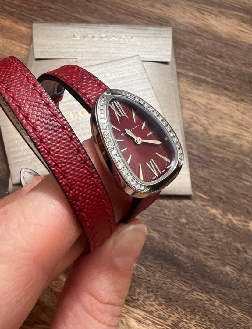 Bvlgari Serpenti Red Watch (Category: Women's Watches) located in Bulacan. Submitted by youlovewatches (Listing ID 1463521159, Image 3). Description: Brand: Bvlgari Type/Movement/Details: Quartz Watch Model Name: Serpenti D-Bezel SS/Leather Watch Model Number: SPS27C9SDL Serial Number: 1N**** Origin/Manufacture Year: Switzerland Color: Red x Silver Dial Materials: Stainless Steel/Karung Leather, Sapphire Crystal Case, Diamonds. Shape: Oval Face D