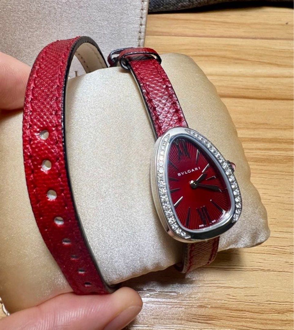 Bvlgari Serpenti Red Watch (Category: Women's Watches) located in Bulacan. Submitted by youlovewatches (Listing ID 1463521159, Image 2). Description: Brand: Bvlgari Type/Movement/Details: Quartz Watch Model Name: Serpenti D-Bezel SS/Leather Watch Model Number: SPS27C9SDL Serial Number: 1N**** Origin/Manufacture Year: Switzerland Color: Red x Silver Dial Materials: Stainless Steel/Karung Leather, Sapphire Crystal Case, Diamonds. Shape: Oval Face D