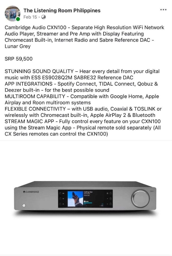 Cambridge Audio CXN100 Network Music Streamer (Category: Soundbars, Speakers & Amplifiers) located in Paranaque City. Submitted by dale_05 (Listing ID 1463421245, Image 3). Description: FOR SALE!!! Cambridge Audio CXN100 Network Audio Streamer (ESS Sabre DAC) Unit OnlyPrice: ₱40,000(Negotiable) Description: Up for sale is a pre-owned Cambridge Audio CXN100 Network Audio Player and Streamer in Lunar Grey. This is the latest generation model featur