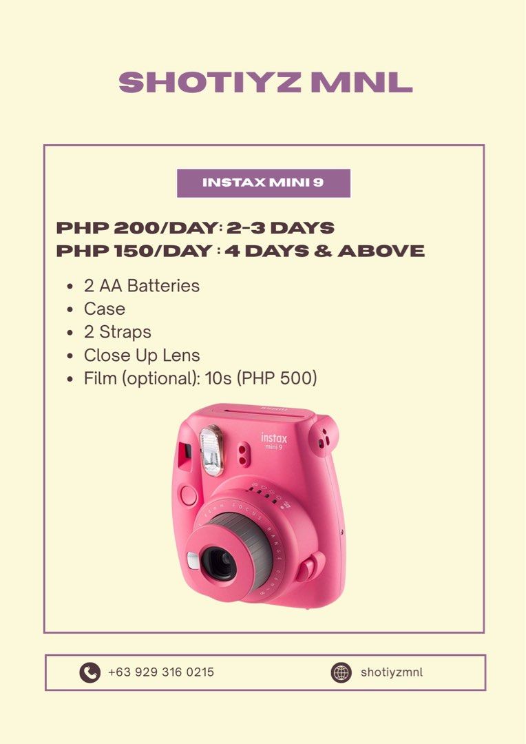 CAMERA RENTAL (Category: Cameras) located in Manila. Submitted by l0karet (Listing ID 1463533894, Image 3). Description: SHOTIYZ MNL CAM RENTAL (@shotiyzmnl on ig) Canon IXUS 75 – PHP 170/Day: 1-3 Days – PHP 150/Day: 4 Days & Above Instax Mini 9 – PHP 200/Day: 1-3 Days – PHP 150/Day: 4 Days & Above OPENING PROMO SALE ❗️❗️❗️ 100 PESOS ALL UNITS! (Until 09/30 only) Canon IXUS 75: PHP 100/Day Instax Mini 9: PHP 100/Day.