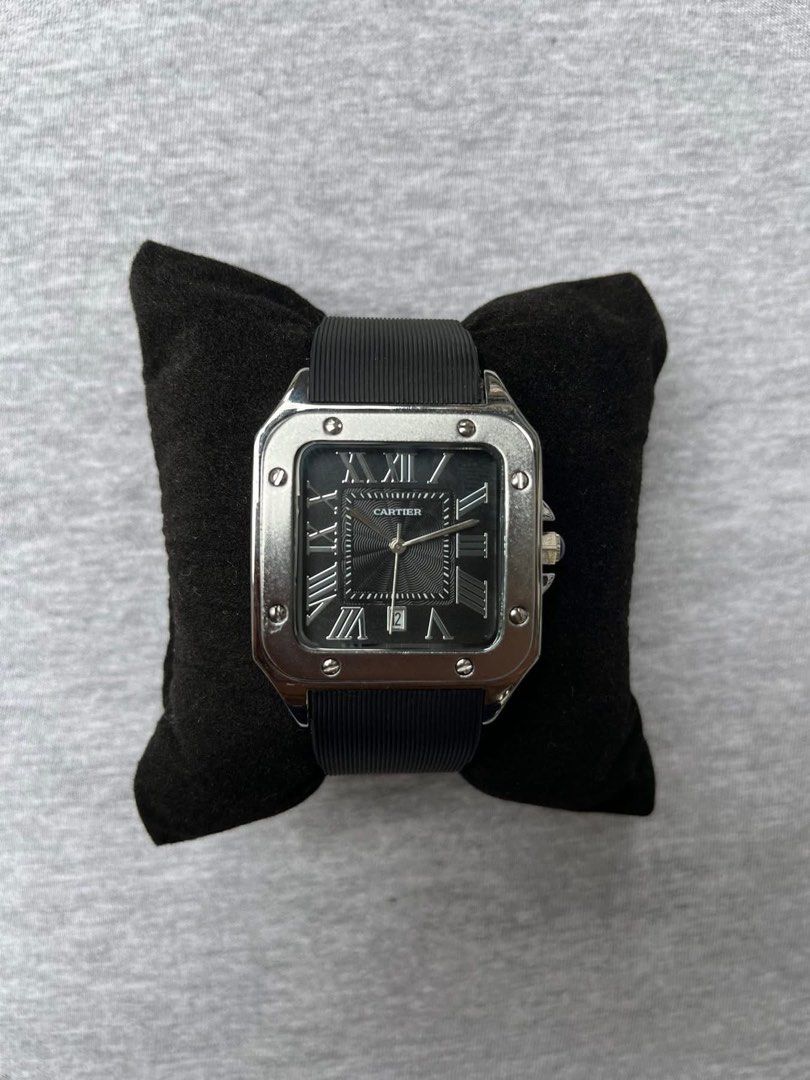 Cartier Santos Silver Rubber Strap Blue Crown (Category: Luxury Watches) located in Manila. Submitted by jaivrgr22 (Listing ID 1463393110, Image 1). Description: Excellent Condition All Working / No issue With Hard Box & Paper Bag .