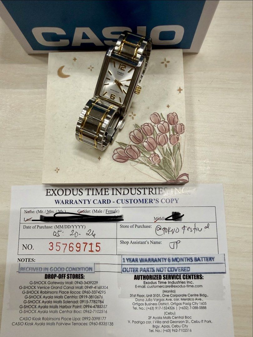 Casio Analog Watch - Two Tone Stainless Steel (Category: Women's Watches) located in San Pedro. Submitted by dhaest (Listing ID 1463394666, Image 2). Description: - Casio Analog Watch - Two-tone stainless steel band - Silver dial with gold accents - Rectangular case shape - Warranty card dated 05-20-2026 - Ideal for everyday wear - last price n po.