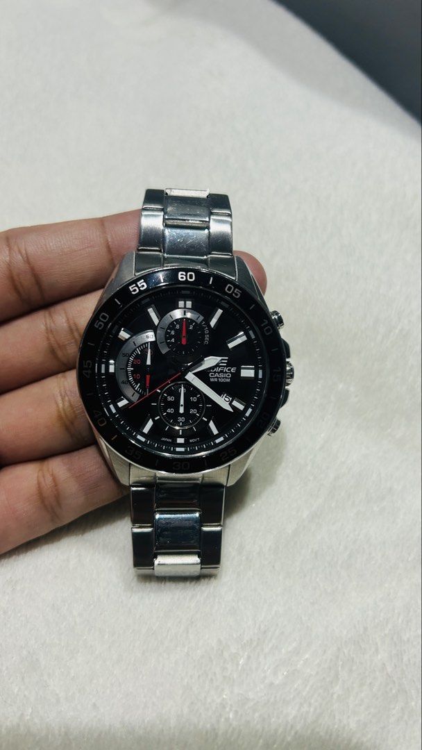 Casio Edifice EFV-550D-1AV Chronograph Watch (Category: Men's Watches) located in Pasig City. Submitted by budgetmatch05 (Listing ID 1463421016, Image 2). Description: - Casio Edifice Watch Model: EFV-550D-1AV - Features: Chronograph function, Water Resistant 100M - Band: Stainless Steel - Dial: Black with Silver Accents - Condition: Comes with Original Box and Manual - Versatile: Great for everyday wear or special occasions.
