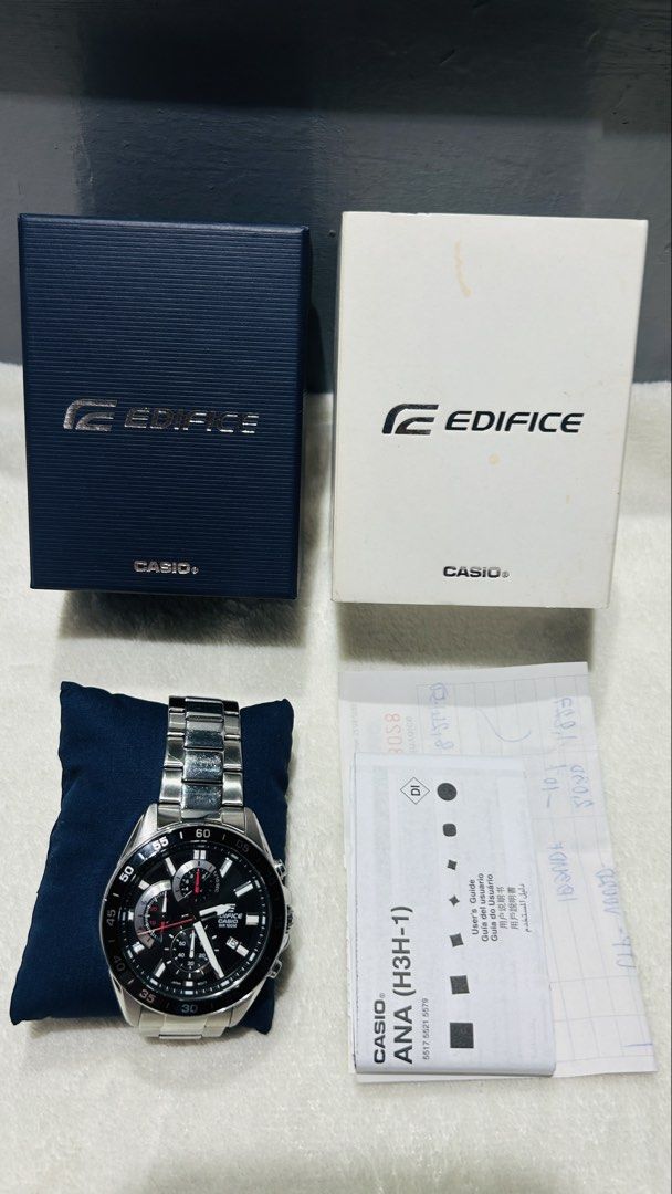 Casio Edifice EFV-550D-1AV Chronograph Watch (Category: Men's Watches) located in Pasig City. Submitted by budgetmatch05 (Listing ID 1463421016, Image 3). Description: - Casio Edifice Watch Model: EFV-550D-1AV - Features: Chronograph function, Water Resistant 100M - Band: Stainless Steel - Dial: Black with Silver Accents - Condition: Comes with Original Box and Manual - Versatile: Great for everyday wear or special occasions.