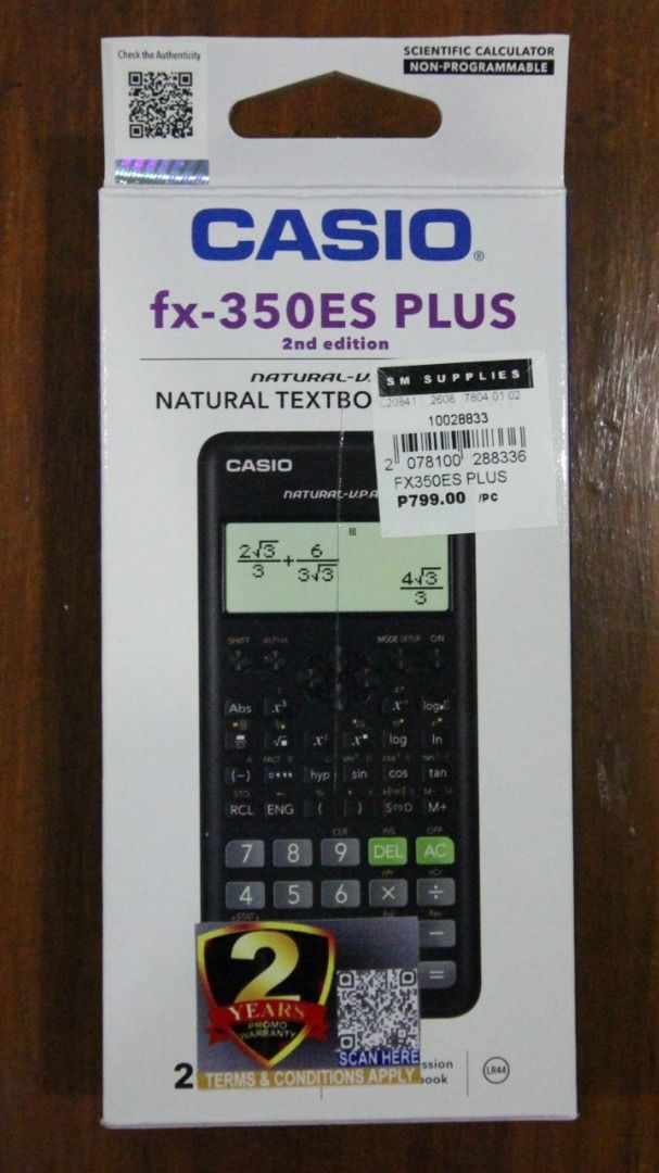 Casio fx-350ES Plus (Category: Stationery & School Supplies) located in Manila. Submitted by chaoticgacha (Listing ID 1463497432, Image 2). Description: [READ DESCRIPTION FIRST BEFORE REQUESTING] - MOD: Grab or J&T (may change depending on location) - MOP: bank transfer - no return, no refund policy - PRC board exam approved - complete with box, warranty and instructions - scratch/dent free - used for only a week since initial purchase - reason f