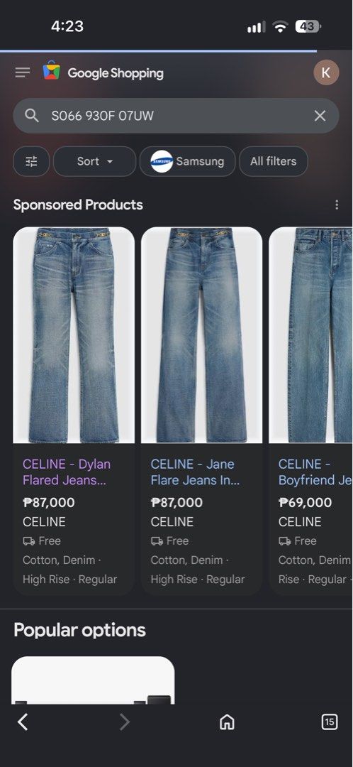 CELINE Dylan Flared Jeans with Chain Detail (Category: Jeans) located in Manila. Submitted by preciousma24494 (Listing ID 1463412587, Image 2). Description: - Blue wash denim jeans 27-28 length:38 - Flared leg style - Gold chain detail at waistband - Button and zip closure - Classic five-pocket design - Perfect for a stylish outfit.