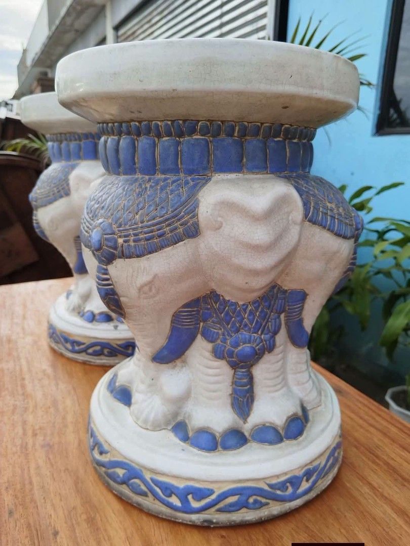 Ceramic (Category: Other Home Furniture) located in Meycauayan. Submitted by marygracecasimiro (Listing ID 1463396530, Image 3). Description: Pair of glazed ceramic elephant garden seats or plant stands featuring white bodies with blue and gold-toned decorative accents. Get it for only P11,000.00 💚 Height 16 inches #highlight #followersandnonfollowers.