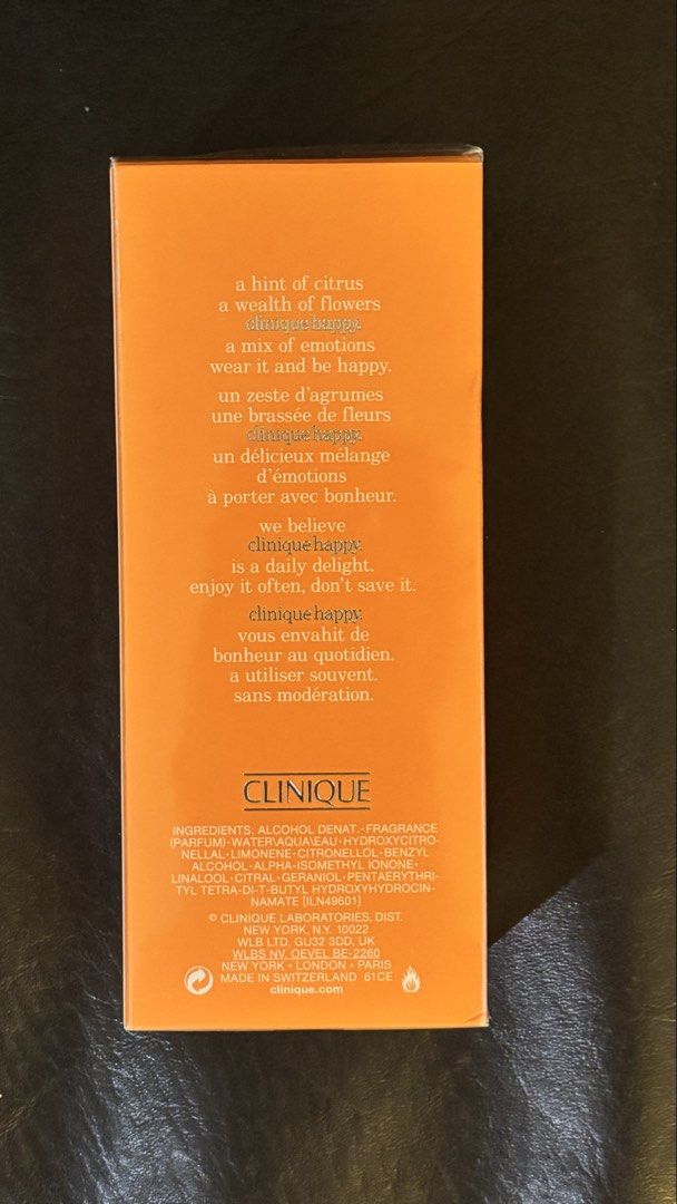 Clinique Happy Perfume Spray 100ml (Category: Fragrance & Deodorants) located in Makati City. Submitted by jules000 (Listing ID 1463456054, Image 2). Description: - Clinique Happy Perfume Spray (authentic check bar code) - Size: 100ml - Fragrance Profile: Hints of citrus and floral notes - Recommended Use: Daily wear, a scent to be enjoyed often - Condition: Brand new, sealed in original packaging .