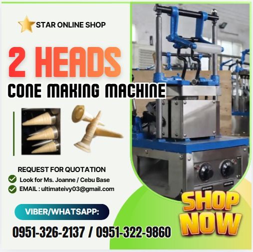 Cone Making Machine (2 HEADS) (Category: Other Home Appliances) located in Malabon City. Submitted by moannataga43633 (Listing ID 1463412518, Image 1). Description: Specifications: 2piece/per time Output:50-60pics/h period:1-2minutes Open-close from:Manual control Power(kw):1.5 Voltage:220V Dimension(mm):450*350*700 Packing Dimension(mm):500*400*770 net weight(kg):45 gross weight(kg):54 Terms Of Payment 💰50% Down payment Upon Processing 💸 💰50%