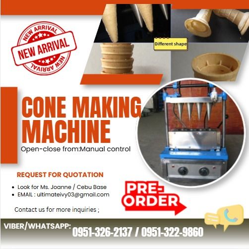 Cone Making Machine (2 HEADS) (Category: Home Improvement Tools & Accessories) located in Caloocan City. Submitted by annedacey222680 (Listing ID 1463413152, Image 1). Description: Specifications: 2piece/per time Output:50-60pics/h period:1-2minutes Open-close from:Manual control Power(kw):1.5 Voltage:220V Dimension(mm):450*350*700 Packing Dimension(mm):500*400*770 net weight(kg):45 gross weight(kg):54 Terms Of Payment 💰50% Down payment Upon Pro
