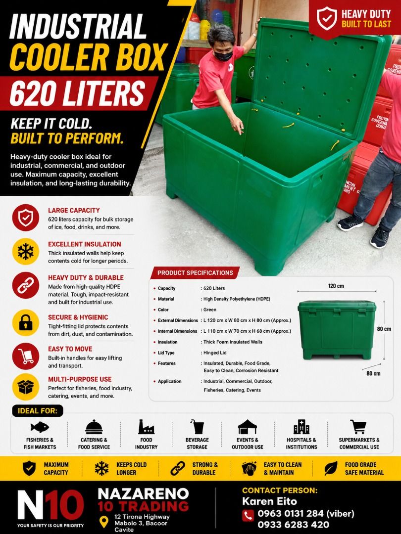 COOLER BOX 620 LITERS (Category: Looking For) located in Bacoor. Submitted by kajezame.2021 (Listing ID 1463399820, Image 1). Description: COOLER BOX 620 LITERS For More Details and Discount Contact Ms. Karen NAZARENO 10 TRADING 0963 0131 284 0933 6283 420 0956 7028 557 0933 8559 510 Landline: Look for Ms. Karen (046 ) 416 3920 Also available: • Traffic cone • Parking Block stopper • Hooded trash bin • Road Plastic Barrier • Spill boom • Fishing 