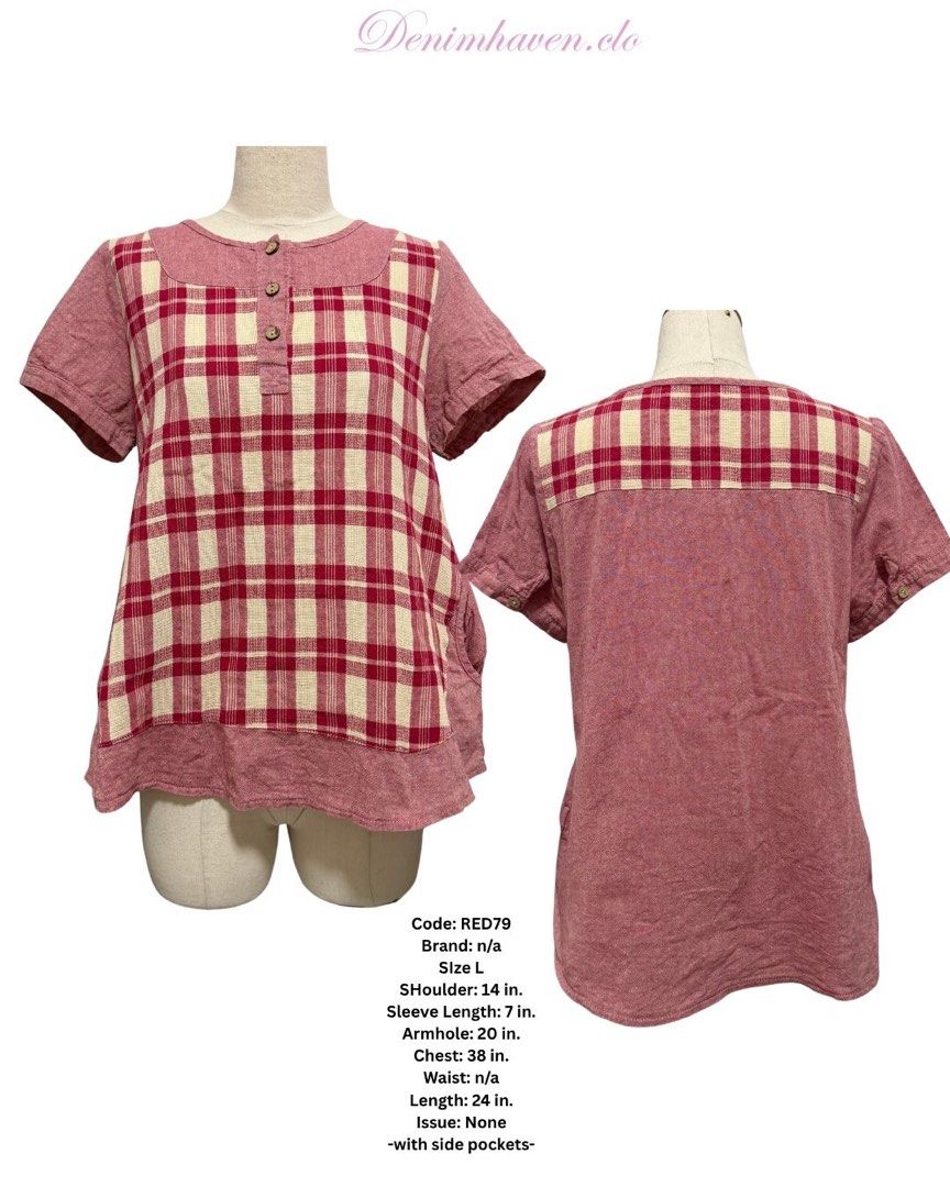 Cottagecore Mori Kei Red Plaid Patchwork Blouse with Side Pockets | Large (Category: Blouses) located in Tagum. Submitted by denimhaven.clo (Listing ID 1463430164, Image 1). Description: Charming cottagecore/mori kei style short-sleeved blouse featuring a mixed red-and-cream gingham plaid center front panel paired with a dusty rose heathered body. Comes complete with functional side pockets and wooden front buttons for a cozy, rustic aesthetic. C