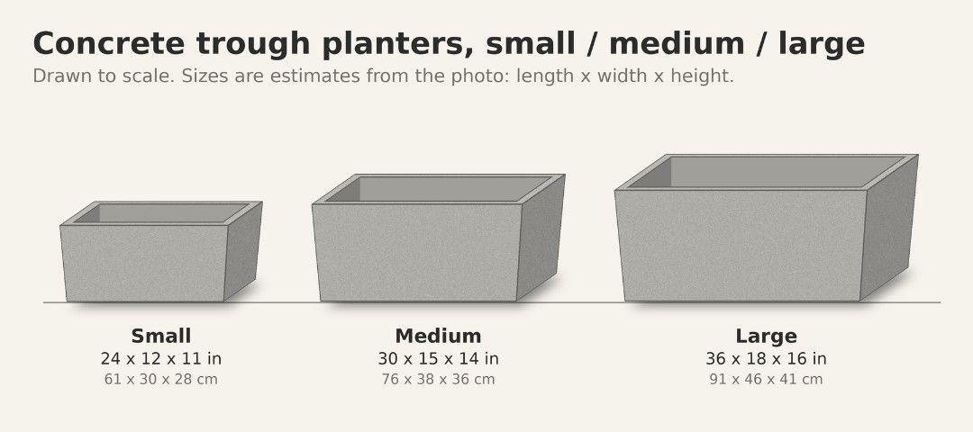 Custom Concrete Trough Planters - Small, Medium, Large Sizes Made to order (Category: Pots & Planters) located in Manila. Submitted by lorioalexi45697 (Listing ID 1463406609, Image 1). Description: - Durable concrete trough planters - Available in Small, Medium, and Large sizes - Small: Approx. 24x12x11 inches - Medium: Approx. 30x15x14 inches - Large: Approx. 36x18x16 inches - Ideal for gardens and patios.