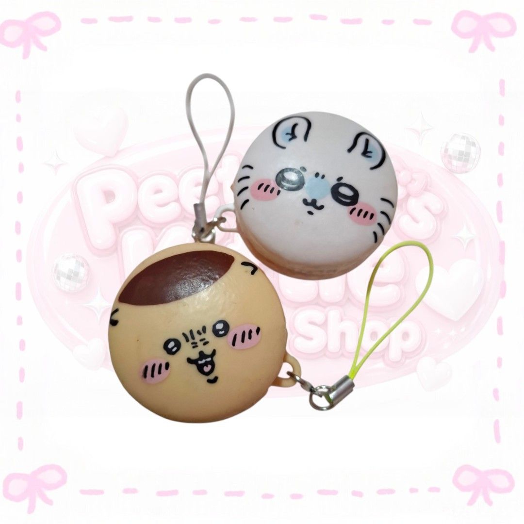 Cute Cat and Pudding with Straps (Category: Character Goods) located in Sorsogon. Submitted by mitchelle0425 (Listing ID 1463450538, Image 1). Description: - Set of 2 cute squishy charms - Includes a white cat face charm - Includes a pudding character charm - Both charms have attached straps - Soft and squishy texture - Ideal for decorating phones, bags, and other accessories.